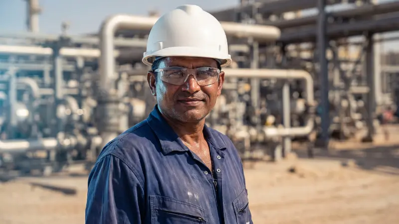 Site worker wearing safety equipment at an ADNOC-controlled facility in Abu Dhabi